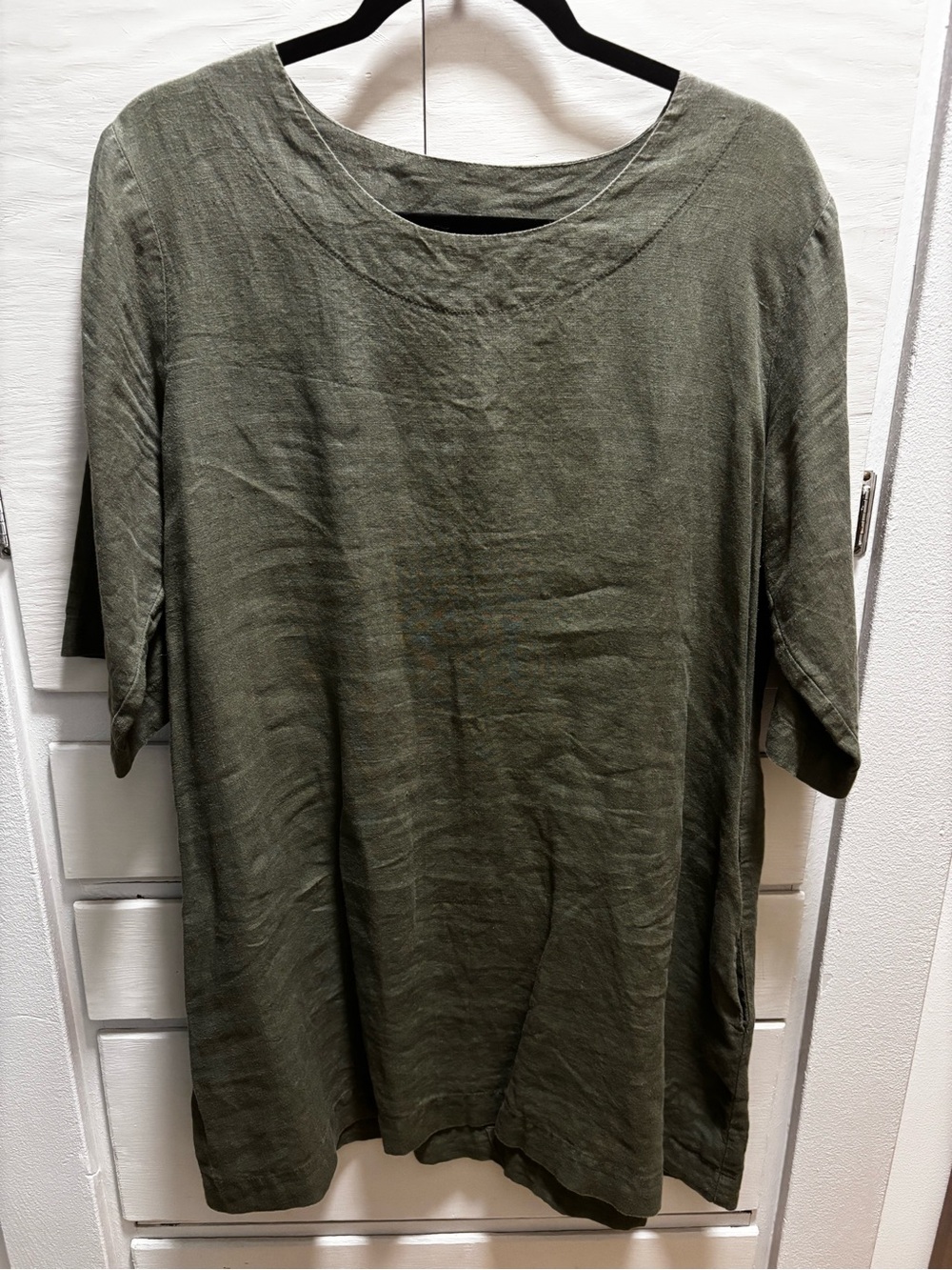 Relaxed Olive Green 100% Linen Mini Dress - Lightweight Casual Shift